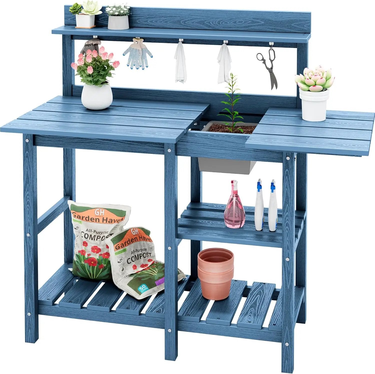SERWALL Potting Table Outdoor Potting Bench with Sink, HDPE Potting Benches for Outside All Weather Use- Blue by GreenHaven Gardens