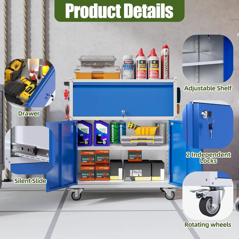 Metal Storage Cabinet on Wheels with 1 Drawer, Rolling Steel Garage Tools Cabinet with Side Pegboard &4 Hooks & 1 Adjustable Shelf for Garage,Shop,Home, Blue/Gray, Assembly Required by GreenHaven Gardens