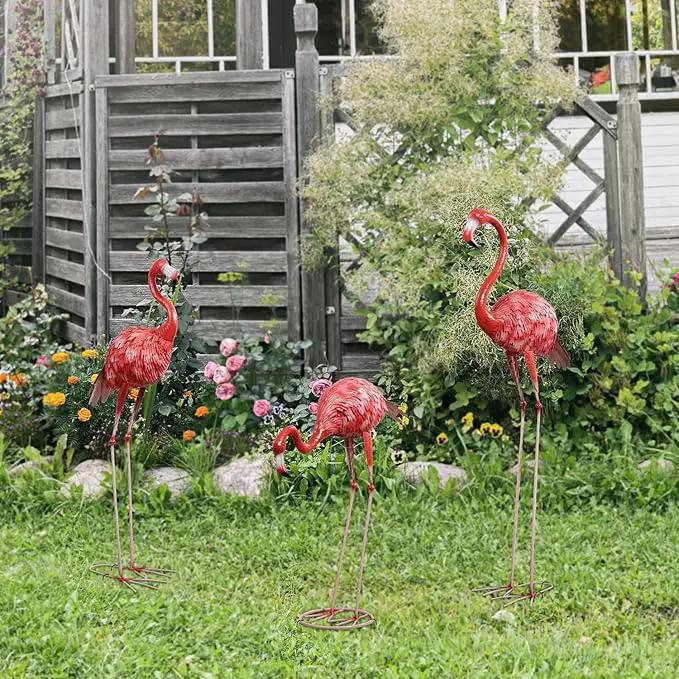 XONOR Metal Flamingo Garden Statues Large Red Flamingo Yard Art Outdoor Sculptures for Home Patio Lawn Backyard Décor, Set of 3 by GreenHaven Gardens