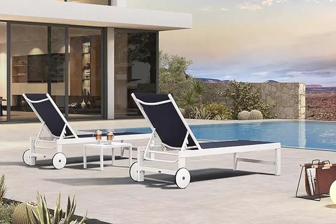 PURPLE LEAF Outdoor Chaise Lounge Set Staight Legs Adjustable Sunbathing Recliner with Side Table for Poolside Beach Outside Patio Aluminum Chaise Lounger Navy Blue by GreenHaven Gardens