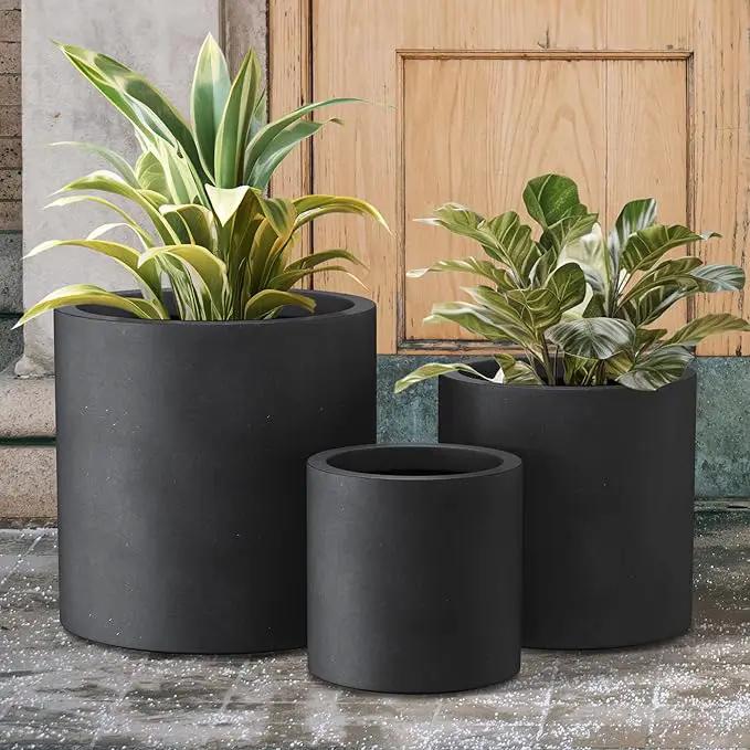 Kante 9.8",12.6",15.7" Dia Round Concrete Planter Set of 3, Modern Style Large Cylindrical Plant Pot with Drainage Hole and Rubber Plug for Indoor Outdoor Patio, Black by GreenHaven Gardens