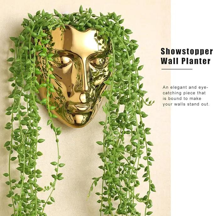 Face Vase,Ceramic Female Form Vase,Modern Sculpture Planter Pot,Human Face Dried Flower Shaped Vase,Wall Hanging Plant Pot for Home Decor Centerpieces, Office or Outdoor Hanging Decor Gold by GreenHaven Gardens