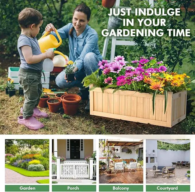 S AFSTAR Outdoor Wooden Planter Box, Folding Raised Garden Bed W/Drainage Hole, Patio Rectangle Plant Container for Flowers Vegetables Fruits Herbs, Collapsible Planting Box for Yard by GreenHaven Gardens