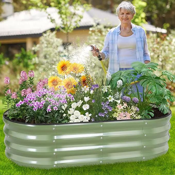 Galvanized Raised Garden Bed - 4×2×1ft (2 Packs) Planter Raised Beds for Gardening | Oval Metal Garden Planter Box with Safety Edging and Gloves for Vegetables Fruits and Flower OliveGreen by GreenHaven Gardens