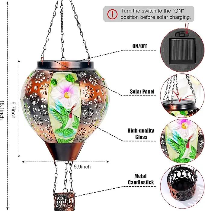 Hummingbird Solar Hot Air Balloon Lantern with Flame, Hot Air Balloon Decorations for Garden Yard Porch Decor, Glass Large Hanging Outdoor Decor, Solar Lantern Waterproof, Hummingbird Gardening Gifts by GreenHaven Gardens