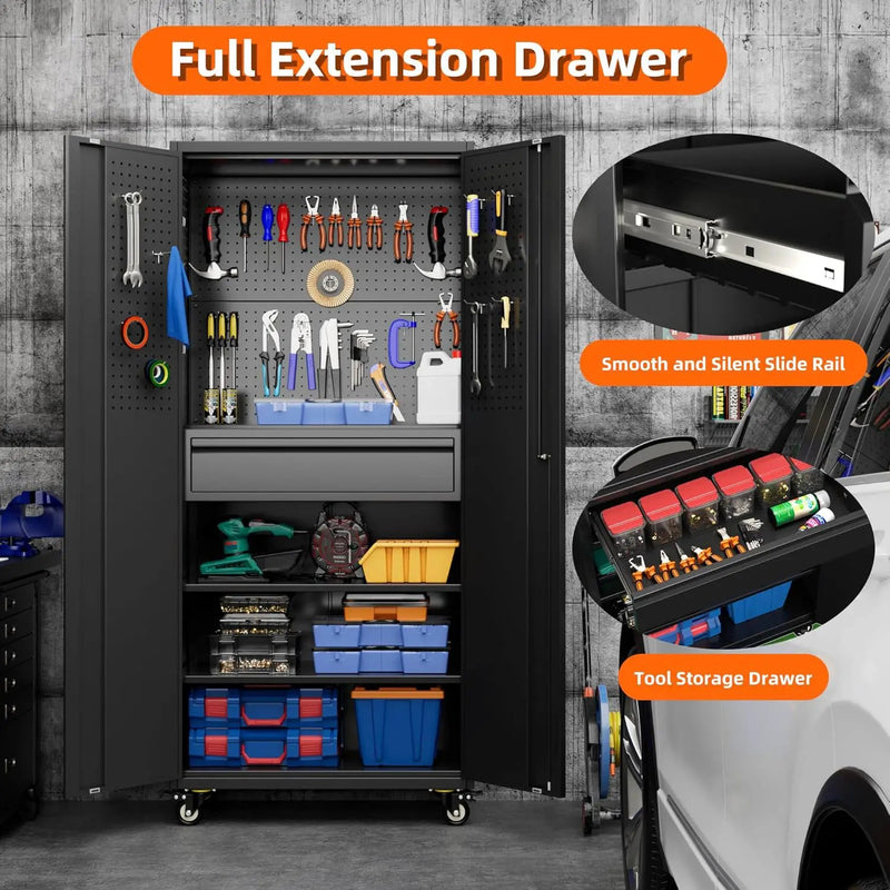 Aobabo Metal Storage Cabinet with Wheels and Adjustable Pegboard, Steel Rolling Tool Cabinet with 16 Hooks and 1 Interior Drawers for Garage, Home, Office, Kitchen, Black, Assembly Required by GreenHaven Gardens