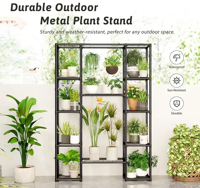 Plant Stand Outdoor Tall Plant Shelf Indoor Metal Large Hanging Plant Cabinet Waterproof Plant Rack Flower Holder for Living Room Patio Balcony Garden Black by GreenHaven Gardens
