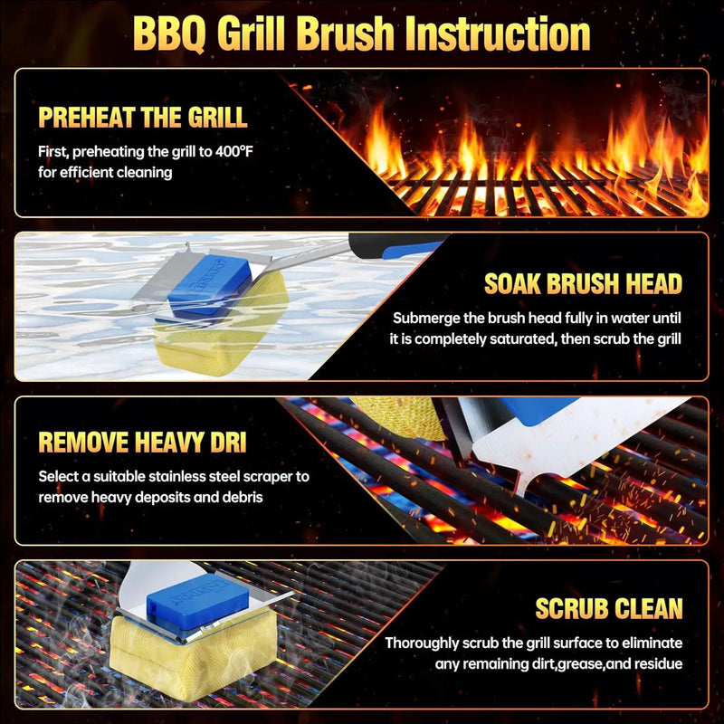 Grill Brush Bristle Free for Outdoor Grill, Steam Grill Cleaning Brush Replaceable BBQ Cleaner Brush Head,Extended Handle, Safe Grill Brush with Scraper for Cast Iron Stainless-Steel Grates, Blue by GreenHaven Gardens
