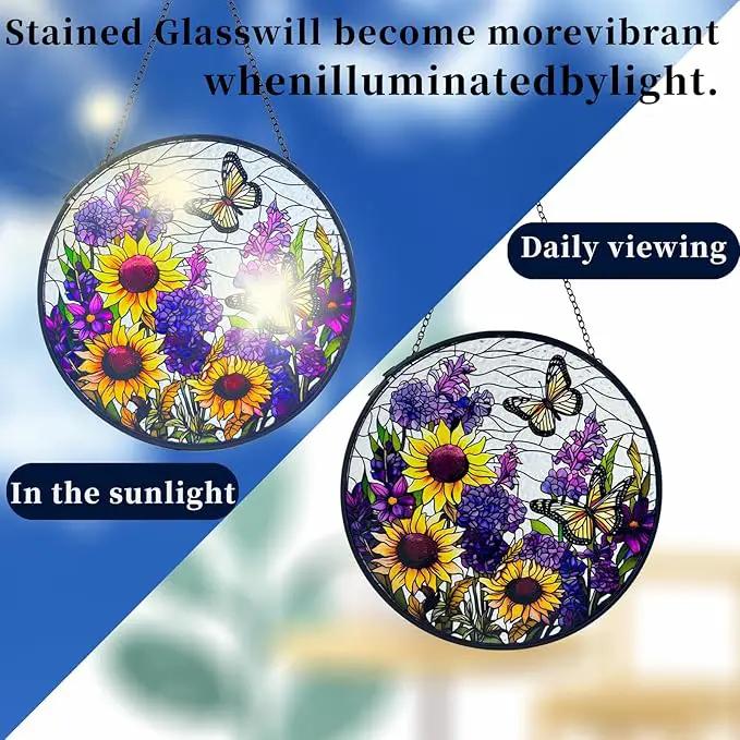 Butterfly Sunflower Stained Glass Suncatchers - Handcrafted Round Glass Art for Windows & Doors Décor - Decoration for Home Garden Christmas Party Wedding Housewarming Gifts by GreenHaven Gardens