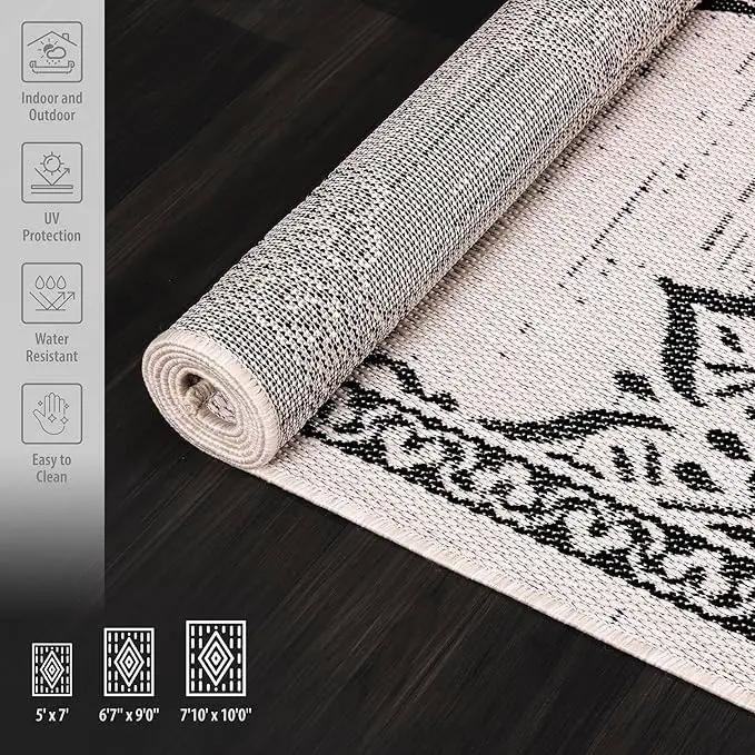 CAMILSON Outdoor Rug, 8x10 Medallion White Black Modern Area Rugs for Indoor and Outdoor Patios, Kitchen and Hallway Mats, Washable Porch Deck Outside Carpet (Medallion White, 8 x 10) by GreenHaven Gardens