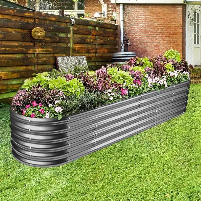 Land Guard 8×2×1.5ft Galvanized Raised Garden Bed Kit, Raised Garden Boxes Outdoor, Oval Metal Raised Garden Beds for Vegetables, Modern Grey by GreenHaven Gardens