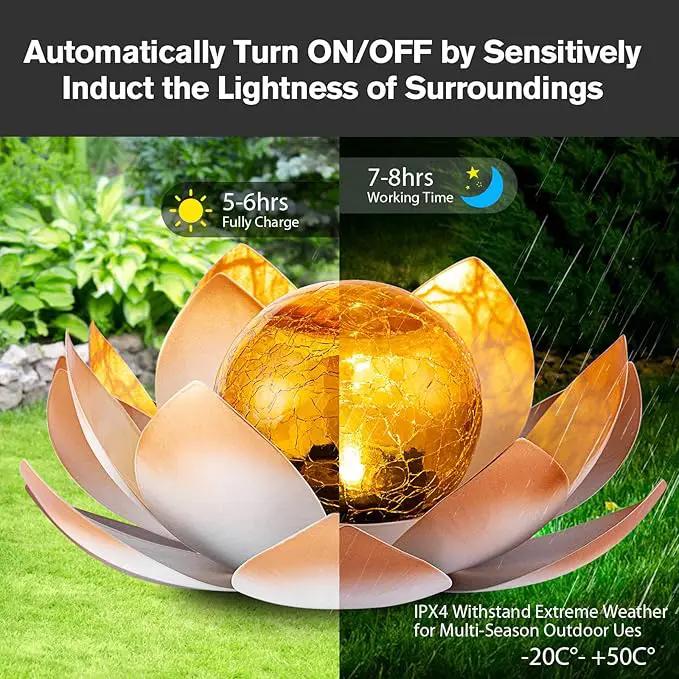 Garden Solar Lights Outdoor(2Pack) , Amber Crackle Globe Glass Lotus Decoration , Waterproof Orange Metal LED Flower Lights for Patio,Lawn,Walkway,Tabletop,Ground, Garden Gifts for Women by GreenHaven Gardens