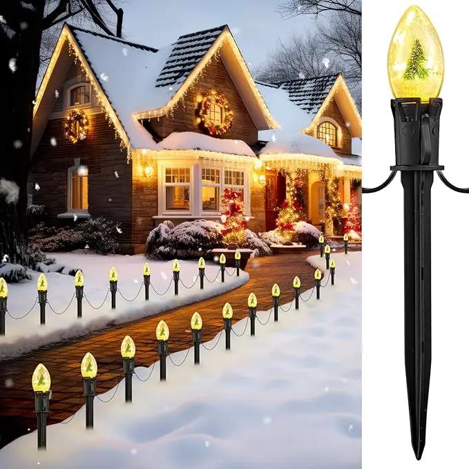 C9 Christmas Pathway Lights Outdoor, 45Ft 40 LED Christmas String Lights with Stakes, 4 Light Modes, Waterproof Connectable Christmas Decorations for Outside Lawn Yard Sidewalk Driveway, Warm White by GreenHaven Gardens