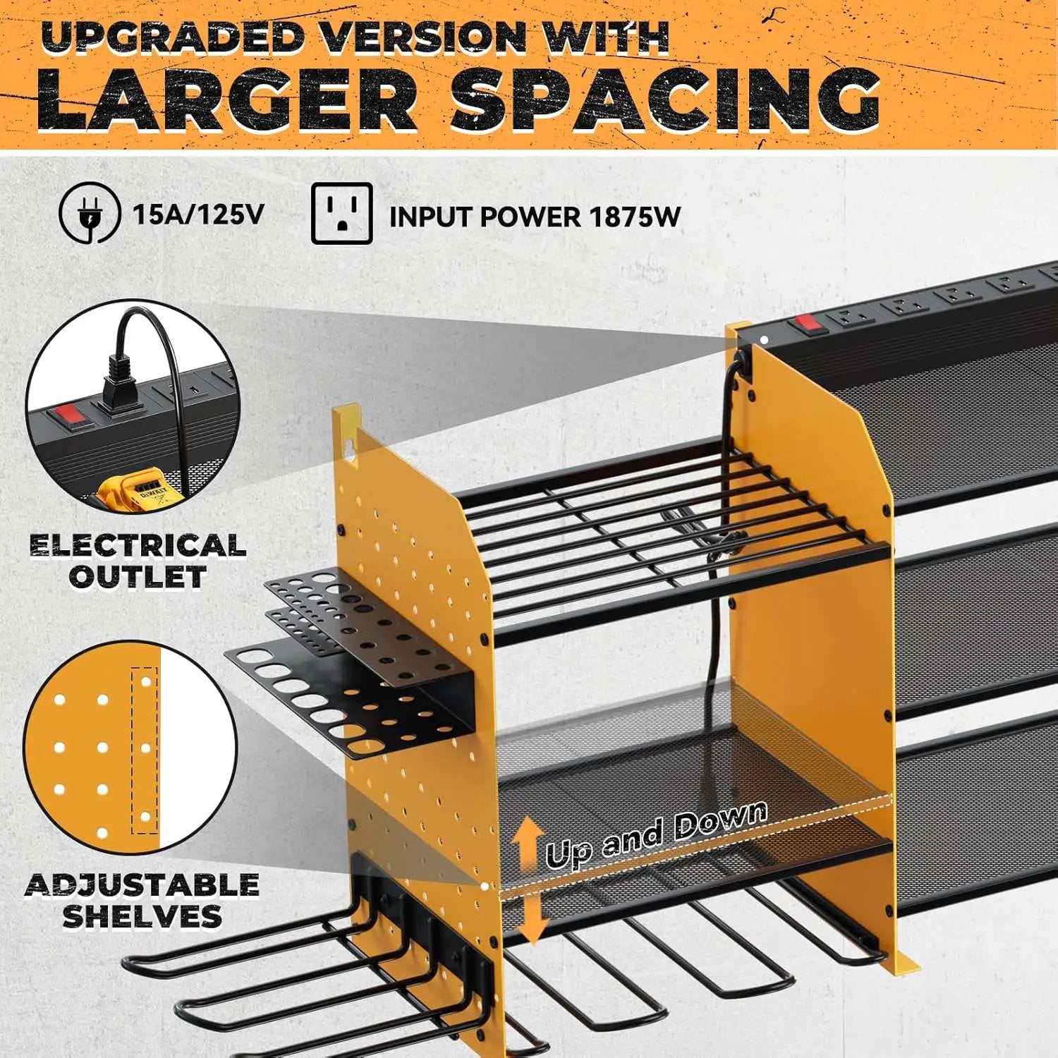 Upgrade Large Power Tool Organizer Wall Mount with Charging Station Tool Storage Rack with 6.5FT Power Strip 10 Drill Holder and Storage Rack for Garage Organization by GreenHaven Gardens