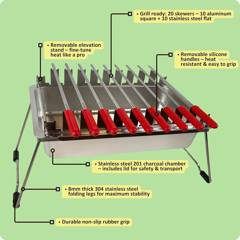 𝗖𝗵𝗮𝗿𝗰𝗼𝗮𝗹 𝗞𝗮𝗯𝗼𝗯 𝗚𝗿𝗶𝗹𝗹 by 𝗡𝗼𝗿𝘁𝗵 𝗚𝗿𝗶𝗹𝗹𝘀: precise heat control, silicone-handle square & flat skewers, charcoal starter tool, tongs, BBQ gloves, and storage & travel bags. by GreenHaven Gardens