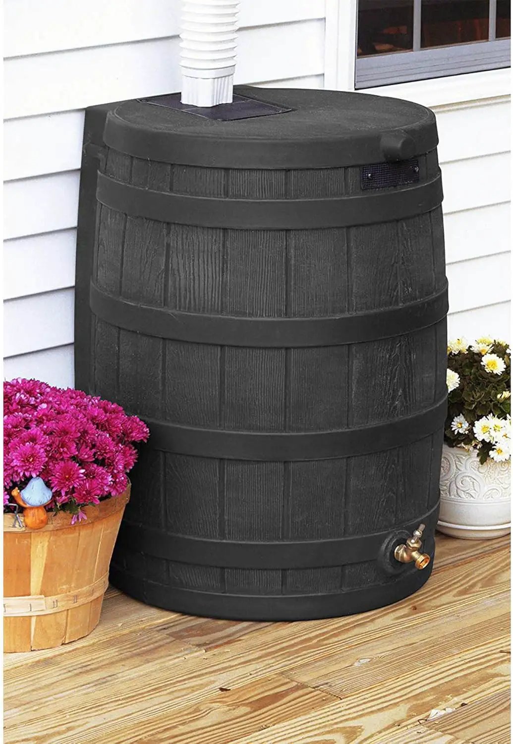 Good Ideas Rain Wizard 50 Gallon Plastic Outdoor Home Rain Barrel Water Storage Collector with Brass Spigot and Flat Back Design, Black (3 Pack) by GreenHaven Gardens