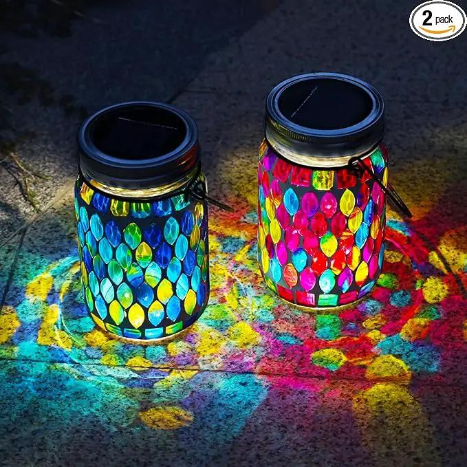 VOREEN 2 Pack Mosaic Solar Lanterns, Outdoor Glass Hanging Lights, Solar Table Lamps, Waterproof Night Lights, Jar Lights Easter Gifts, Decoration for Garden, Patio, Yard, Balcony, Blue&Red by GreenHaven Gardens