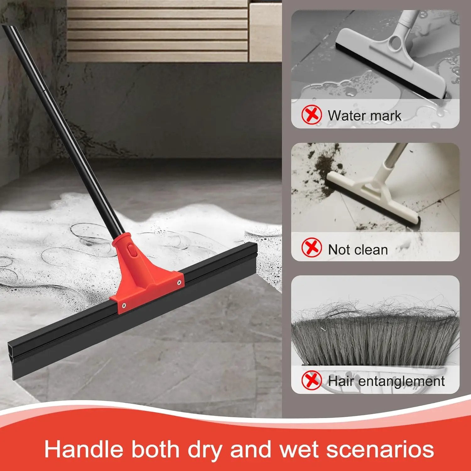 Floor Squeegee with 18'' Silicone Rubber Scraper Head and 58'' Long Adjustable Handle, Heavy Duty Shower Squeegees for Concrete Floor, on Multi-Surface Tile Glass Pool Garage Cleaning by GreenHaven Gardens