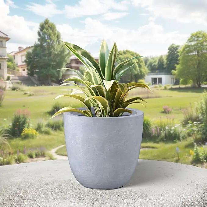 Kante 10 Inch Dia Round Concrete Planter, Indoor Outdoor Large Plant Pot with Drainage Hole and Rubber Plug for Home Patio Garden, Gray by GreenHaven Gardens