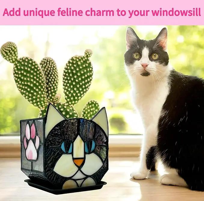 Stained Glass Black Cat Flower Pot,Succulent Pots with Drainage,Unique Black Cat Planter,Flower Pots for Indoor Plants,Glass Container Display Decoration,Cute Plant Gifts by GreenHaven Gardens