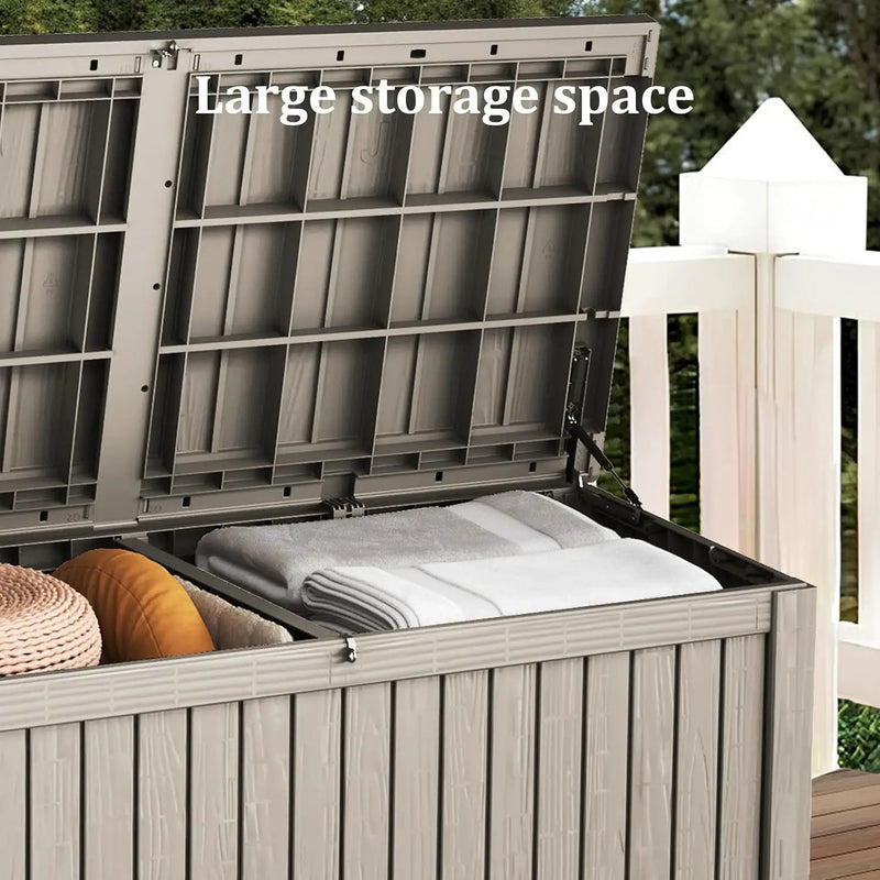 200 Gallon Coffee Resin Deck Box - Rustic Wood-Look, Waterproof & Lockable Outdoor Storage for Garden Tools, Patio Essentials - All-Weather Container for Farmhouse Decks, Backyards by GreenHaven Gardens