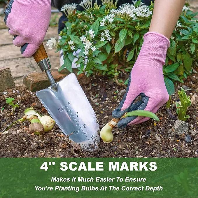 Haliaeetus Garden Trowel with Serrated Edge, 4'' Depth Marks Planting Shovel, V-Shaped Sharp Edge Garden Tool, Stainless Steel with Comfortable Wood Handle for Planting and Weeding by GreenHaven Gardens