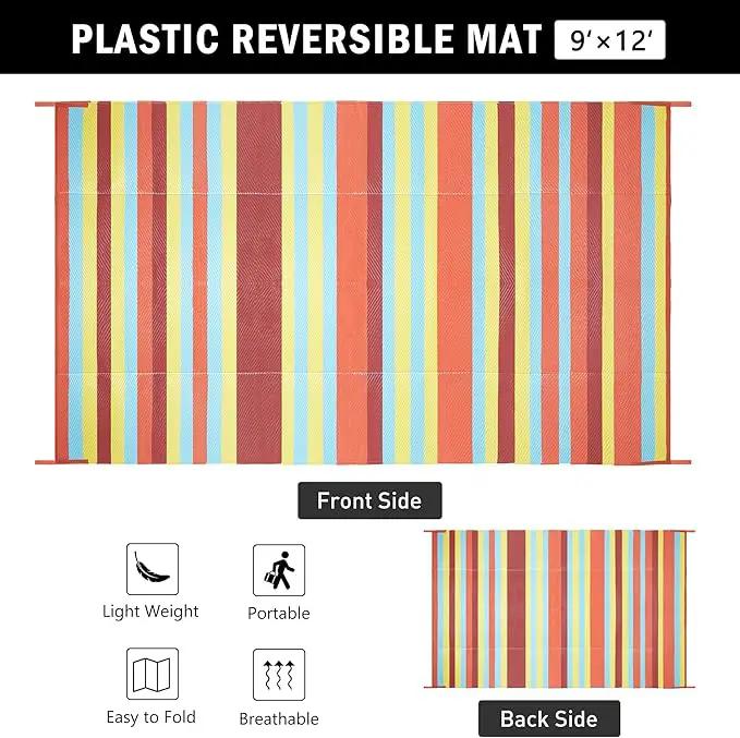 Outdoor Waterproof Rug 9'x12' Plastic Straw Rugs Washable Reversible Floor Mat Rainbow Stripe Carpet for Camping RV Deck Entryance Porch Picnic Balcony Beach Backyard by GreenHaven Gardens
