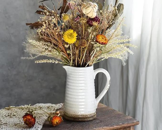Quoowiit Ceramic Rustic Vase with Handle, White Distressed Decorative Farmhouse Pitcher Vase for Home Decor Living Room Bedroom Kitchen Office Shelf Decor Centerpiece Table Decoration by GreenHaven Gardens
