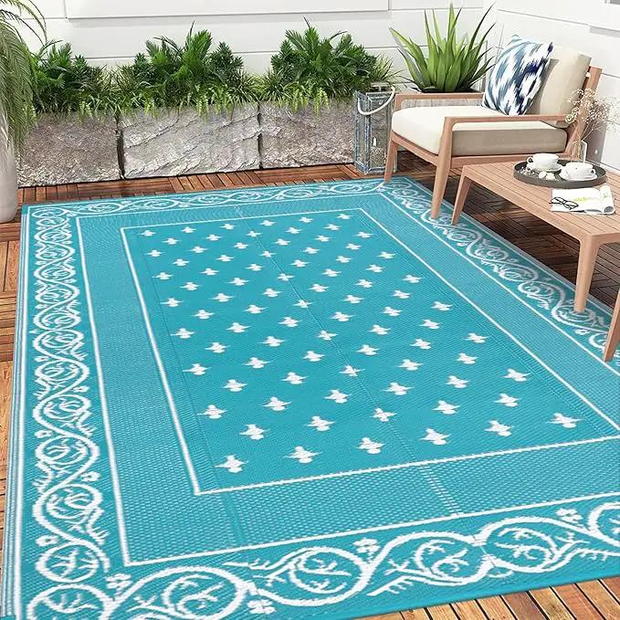 Pauwer Waterproof Outdoor Rug 9x12, Reversible Plastic Straw Patio Camping Rug, Indoor Outdoor RV Mat Carpet for Deck, Camper, Porch, Balcony, Backyard, Picnic, Bordered Teal by GreenHaven Gardens