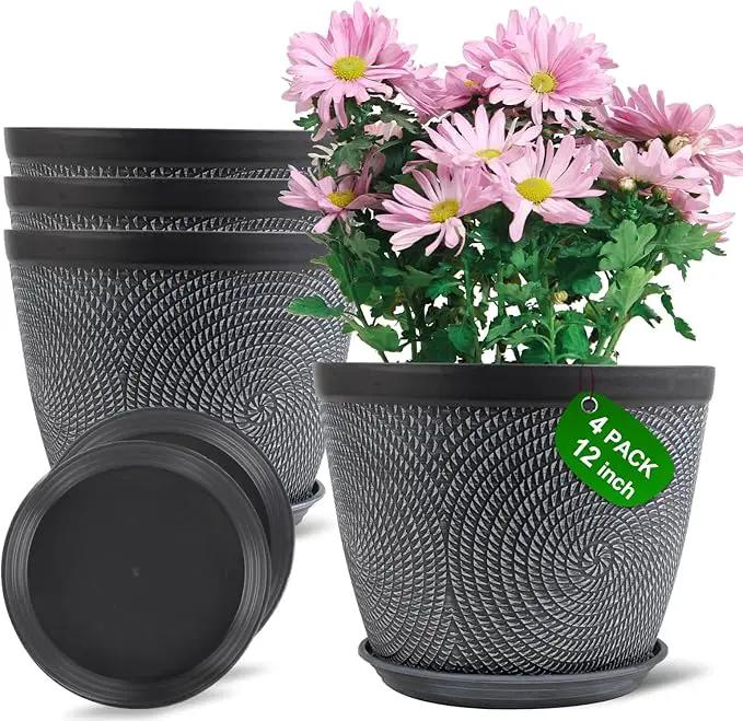 Quarut Large 12 Inch Plant Pot for Plants Outdoor Indoor, 4 Pack Plastic Flower Pots with Drainage Hole & Saucer, Modern Decorative Garden Pot with Saucer, Plant Container for House（Gray） by GreenHaven Gardens