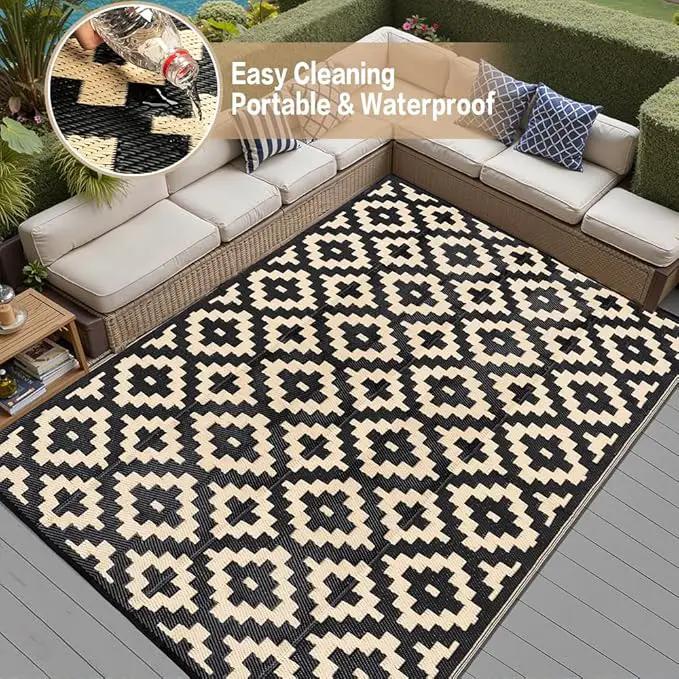 Outdoor Plastic Straw Rug, Waterproof Mat, Washable Large Floor Mat and Rug for Outdoors, RV, Beach, Patio, Camping, Backyard, Deck, Picnic, Indoor Outside (8x10ft,Geometry/Black&Beige) by GreenHaven Gardens