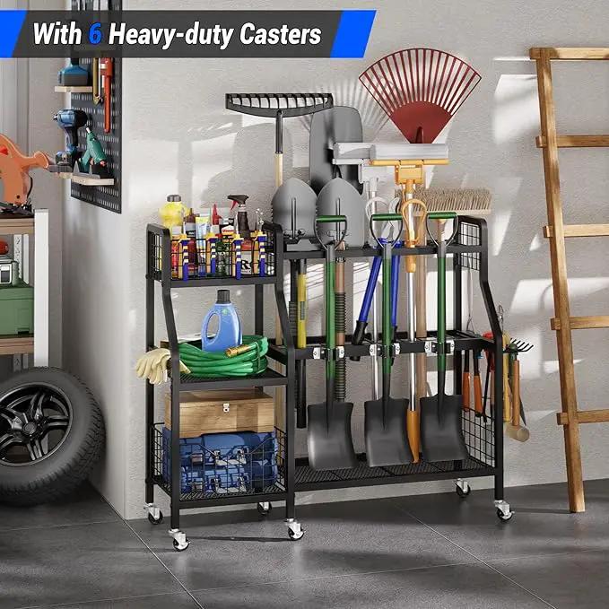 keomaisyto Garden Tool Organizer with 6 Wheels(3 lockable), Heavy Duty Yard Tool organizer with 2 Basket, Large Metal Garage Tool Organization and Storage for Garage/Shed/Yard/Broom Closet/Lawn by GreenHaven Gardens