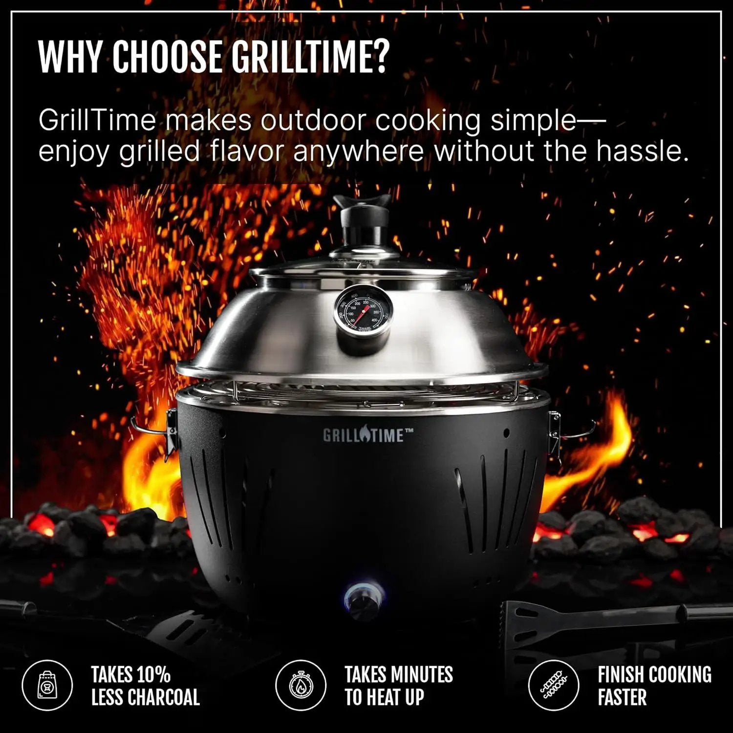 GrillTime Tailgater GT Hood Combo 13 Inch - Portable Charcoal Grill with Hood, Small Tabletop Grill for Tailgate Parties, Camping, Beach BBQ, Grey by GreenHaven Gardens