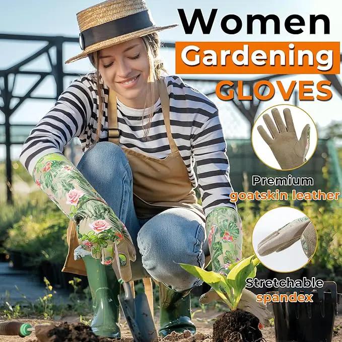 HANDLANDY Leather Gardening Gloves for Women, Thorn Proof Breathable Ladies Rose Pruning Garden Gauntlet Yard Gloves, Gift for Gardeners (Khaki, XL) by GreenHaven Gardens