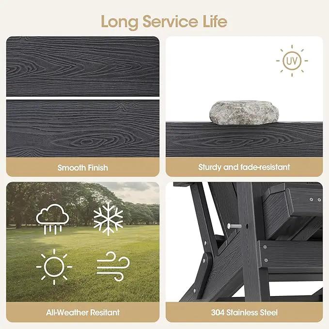 Folding Adirondack Chair with Retractable Ottoman Fire Pit Patio Chair with Adjustable Backrest, 2 Cup Holder Weather Resistant Outdoor, Patio, Lawn, Garden, Backyard Deck, Fire Pit, Black by GreenHaven Gardens