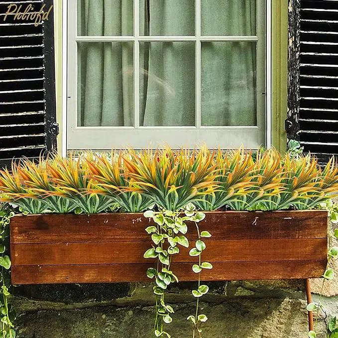 6Pcs Artificial Grass Fake Plants 17.3in Outdoor Plastic Plants UV Resistant Greenery Fake Grass for Home Window Garden Office Patio Hanging Planter Pathway Front Porch Décor Orange Yellow by GreenHaven Gardens