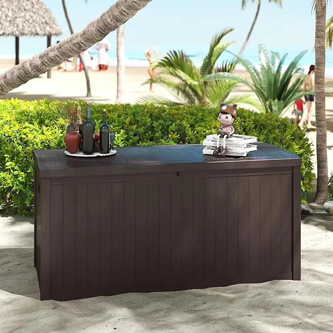 Outdoor Storage Box, 120 Gallon Deck Box Indoor and Outdoor Use, Waterproof Resin Storage Bin for Patio Cushions, Gardening Tools, Lockable, UV Resistant, Brown by GreenHaven Gardens