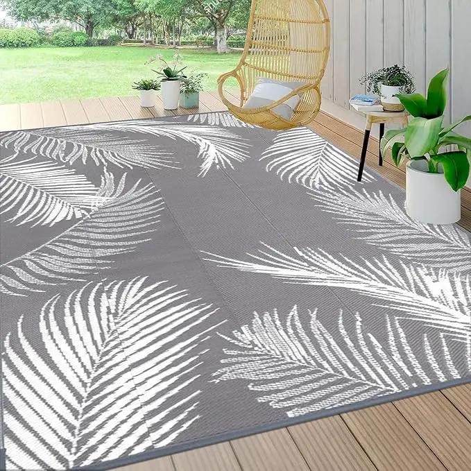 Pauwer Waterproof Outdoor Rug 8x10, Reversible Plastic Straw Patio Camping Rug, Indoor Outdoor RV Mat Carpet for Deck, Camper, Porch, Balcony, Backyard, Picnic, Leaf Grey by GreenHaven Gardens
