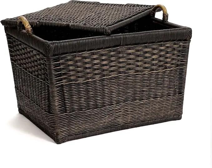 The Basket Lady Lift-Off Lid Wicker Storage Basket, Medium, 20 in L x 15 in W x 14 in H, Antique Walnut Brown by GreenHaven Gardens