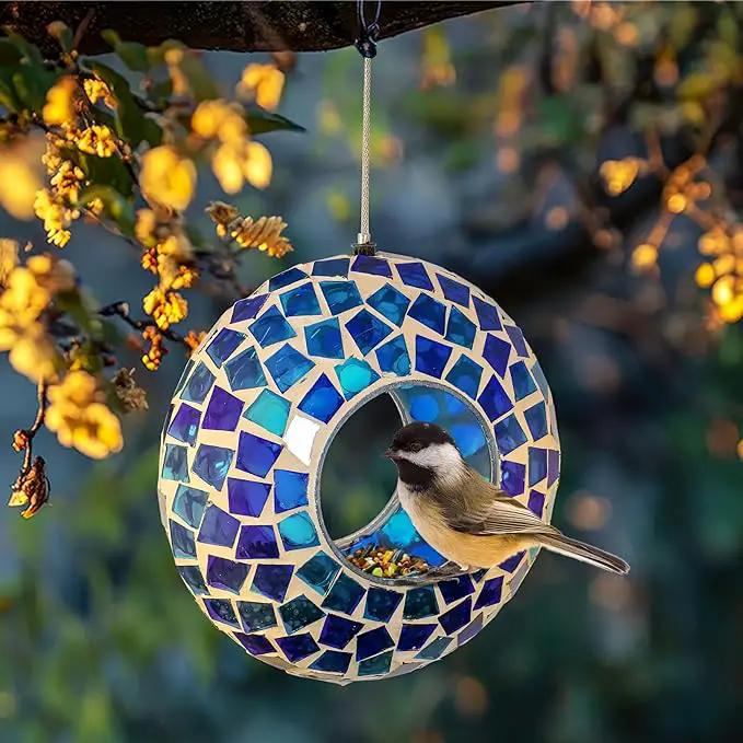 Sunnydaze 6-Inch Glass Mosaic Hanging Bird Feeder for Outdoors - Fly-Through Wild Bird Feeder - Blue Mosaic by GreenHaven Gardens