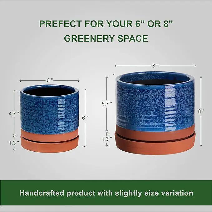6 + 8 Inch Plant Pots, Ceramic Planter Pot with Drainage Hole & Saucer, Indoor/Outdoor Cylinder Round Planter Pot, Aqua Blue & Terracotta by GreenHaven Gardens