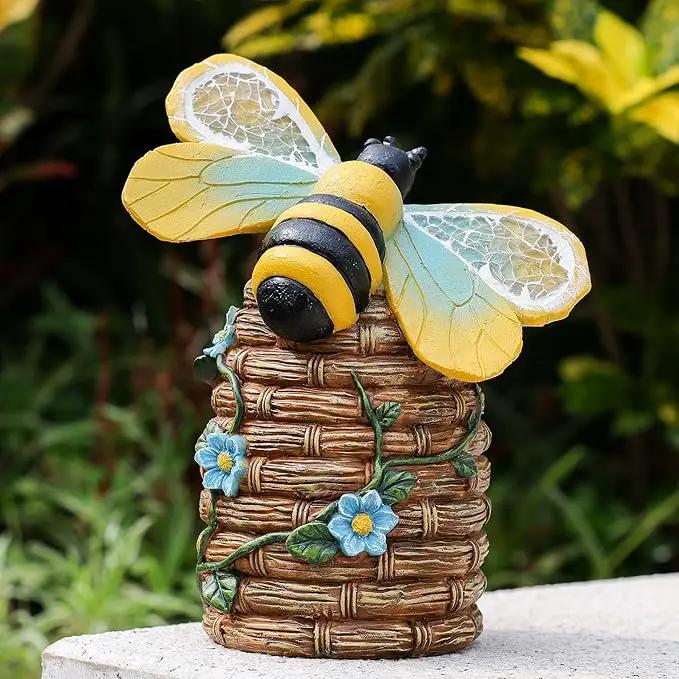 Garden Statue Bee Decor-Outdoor Statue Bees Decorations-Solar Garden Light Bumble bee Figurine Patio,Balcony,Yard,Lawn Ornament Mom Gift by GreenHaven Gardens