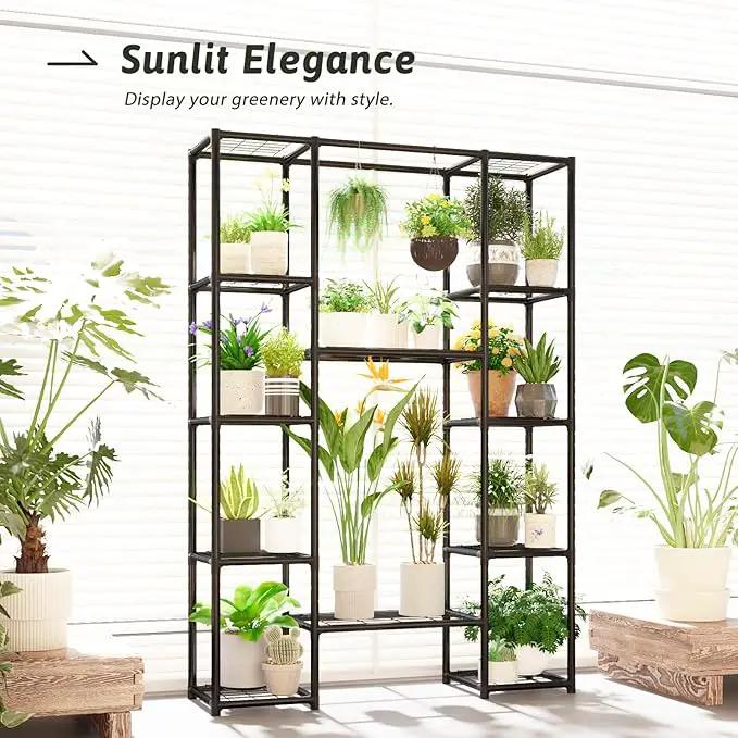 Plant Stand Outdoor Tall Plant Shelf Indoor Metal Large Hanging Plant Cabinet Waterproof Plant Rack Flower Holder for Living Room Patio Balcony Garden Black by GreenHaven Gardens