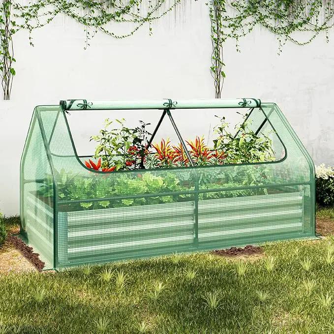 SAFSTAR Raised Garden Bed with Cover, 6FT x 3FT x 3FT Galvanized Bottomless Garden Bed with Greenhouse, Dual 2-Tier Roll-Up Windows, Outdoor Metal Planter Box Kit with Cover (Green) by GreenHaven Gardens