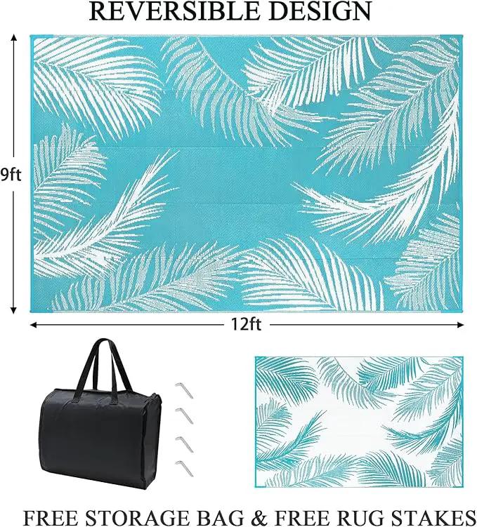 Pauwer Waterproof Outdoor Rug 9x12, Reversible Plastic Straw Patio Camping Rug, Indoor Outdoor RV Mat Carpet for Deck, Camper, Porch, Balcony, Backyard, Picnic, Leaf Teal by GreenHaven Gardens