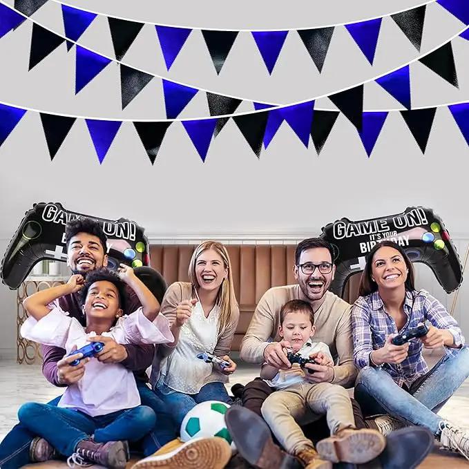 Royal Blue Black Party Decorations Navy Black Metallic Fabric Triangle Pennant Banner Flag Bunting Garland for Graduations Birthday Retirement Wedding Bachelorette Nautical Outdoor Party Supplies by GreenHaven Gardens