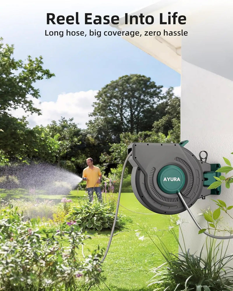 AYURA Retractable Garden Hose Reel 100 ft x 1/2 inch with Pro Metal Shaft, Heavy Duty Automatic Garden Hose Reels with Kink-Free Rewind and Lock at Any Length, Wall Mount Water Hose Reel for Outside by GreenHaven Gardens