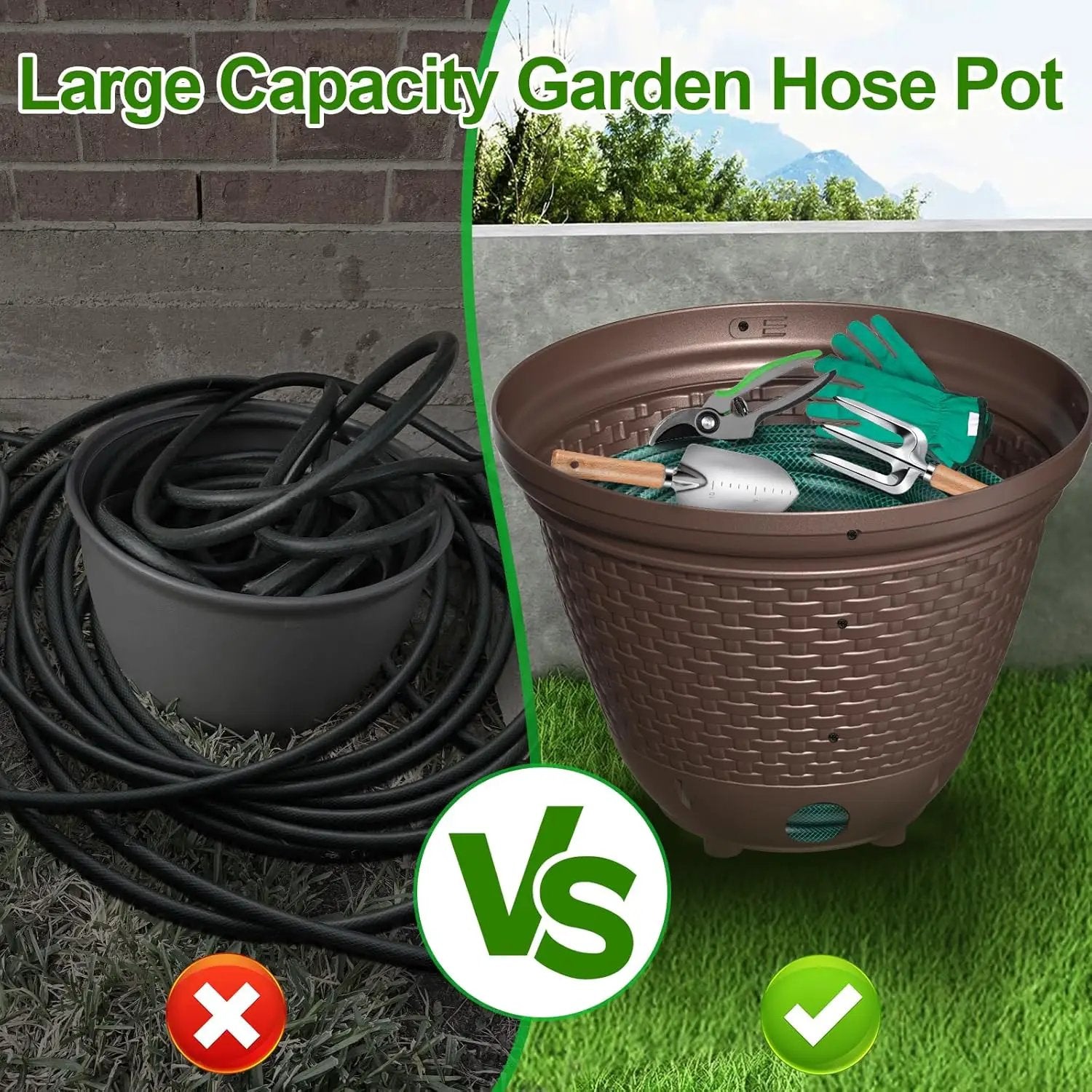 Riokko Garden Hose Holder Pot, Decorative Wicker Hose Holder, Water Hose Storage for Outside/Garage, Hose Box Fits 100-400 FT Hoses with 5 Drain Holes, Large Capacity & Assembly Required, Java by GreenHaven Gardens