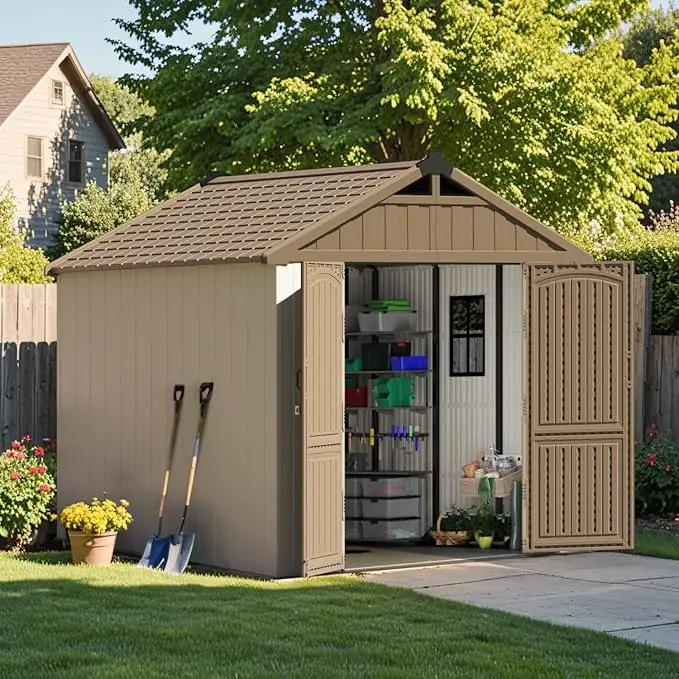 Patiowell 8 x 8 FT Plastic Outdoor Storage Shed with Floor, Resin Shed with Window and Lockable Door for Garden, Backyard, Tool Storage Use, Easy to Install in Brown (Kick-it Shed) by GreenHaven Gardens