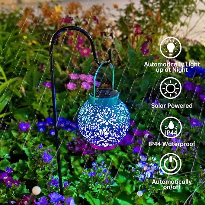 2 Pack Outdoor Solar Hanging Lantern Lights Metal LED Decorative Lamp for Garden Patio Courtyard Lawn and Table with Hollowed-Out Design (Royal Purple) by GreenHaven Gardens